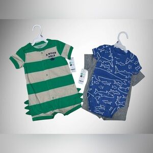 Carter's Green Striped and Blue Shark Romper with Grey Top and Shorts